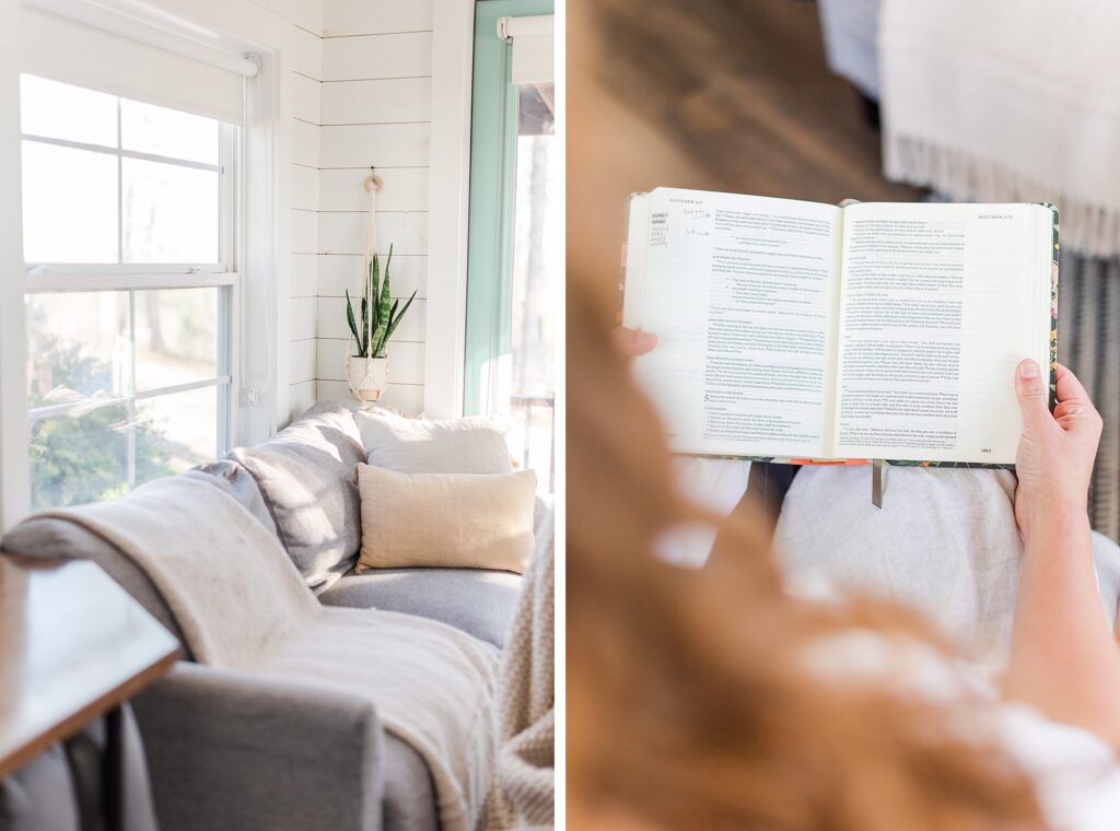 day in the life holistic lifestyle branding session photos, cozy couch in a tiny house, reading the Bible