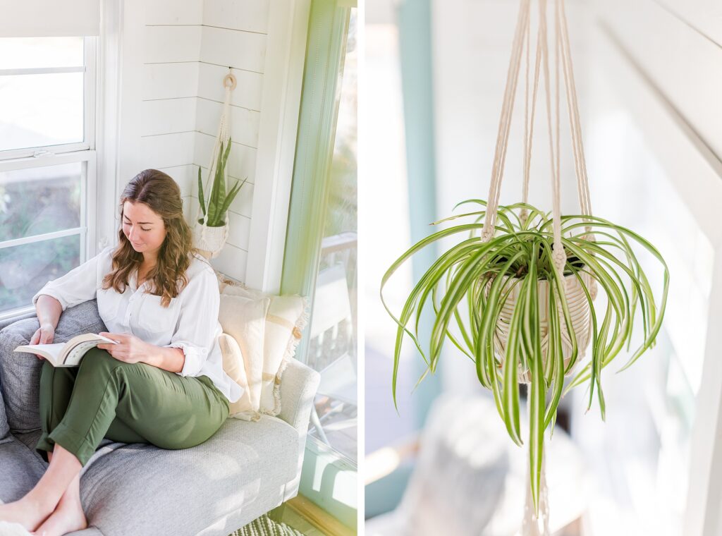 day in the life holistic lifestyle branding session photos, reading in the morning light, hanging spider plant